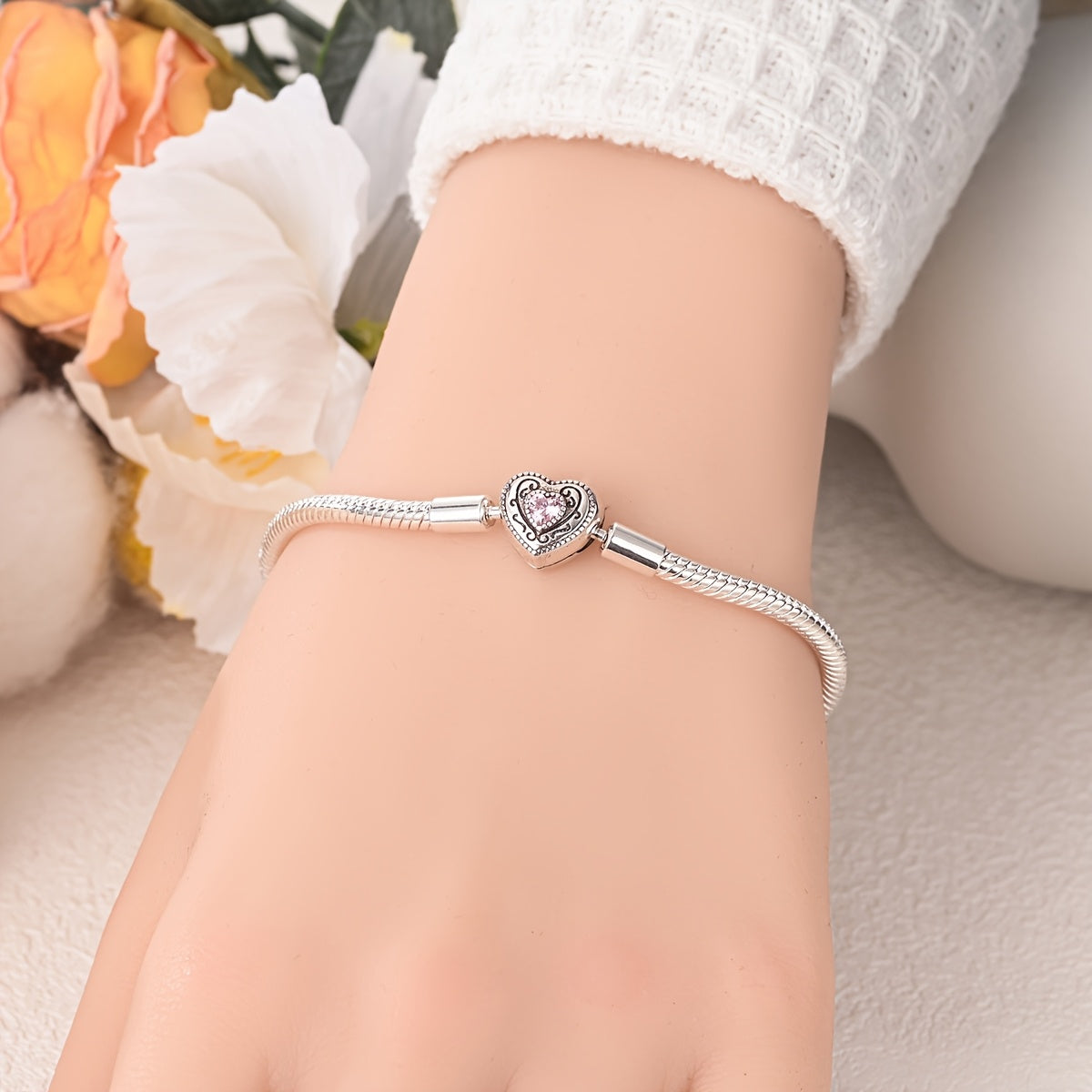 Pulsera Plata 925 Corazón Rosa l Para Charms