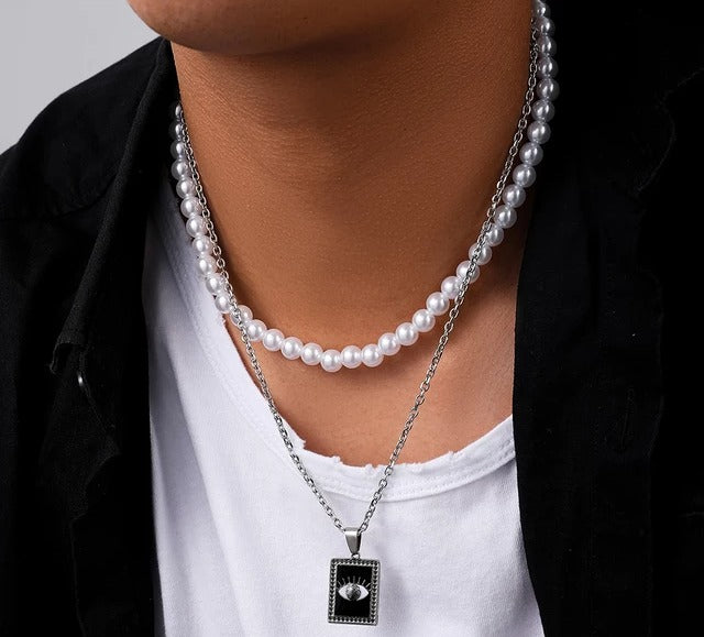 Collar doble Perlas / Cadena con Ojo Protector